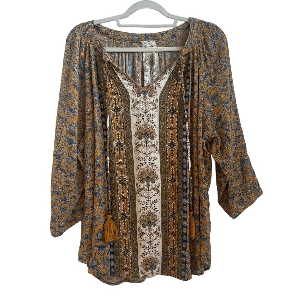 Mason & Belle Yellow and Blue Boho Paisley Print, Tie Neckline Bishop Sleeve Top